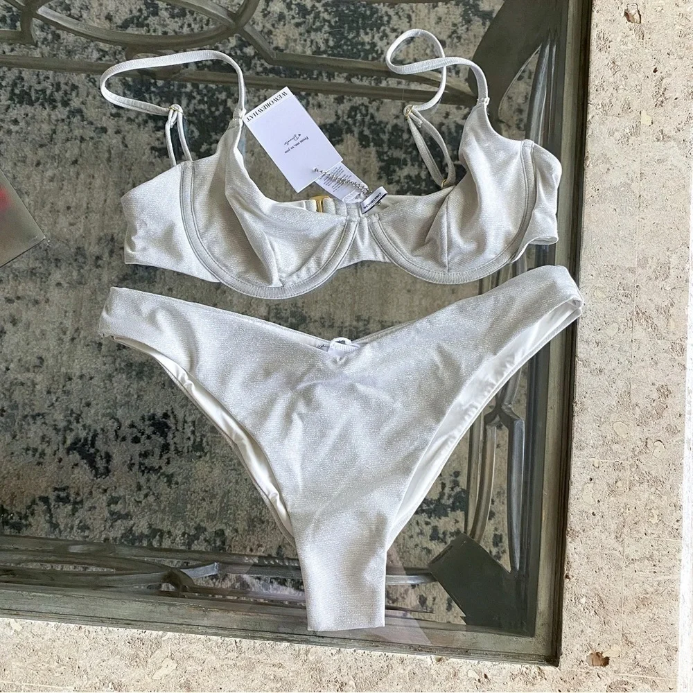 WeWoreWhat Bikini Vintage Bra Delilah Shimmer Sparkly Solid Glitter Silver M NWT
